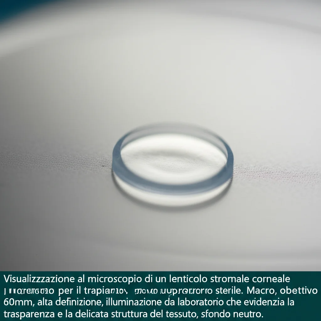 Visualizzazione al microscopio di un lenticolo stromale corneale trasparente, preparato per il trapianto, su un supporto sterile. Macro, obiettivo 60mm, alta definizione, illuminazione da laboratorio che evidenzia la trasparenza e la delicata struttura del tessuto, sfondo neutro.