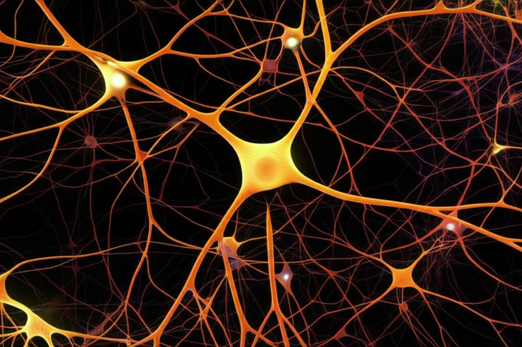 Immagine macro, 100mm, di una rete neurale complessa e luminosa, con alcune sinapsi che si stanno rafforzando, a simboleggiare la neuroplasticità e il recupero. Illuminazione controllata per evidenziare i dettagli, sfondo scuro.