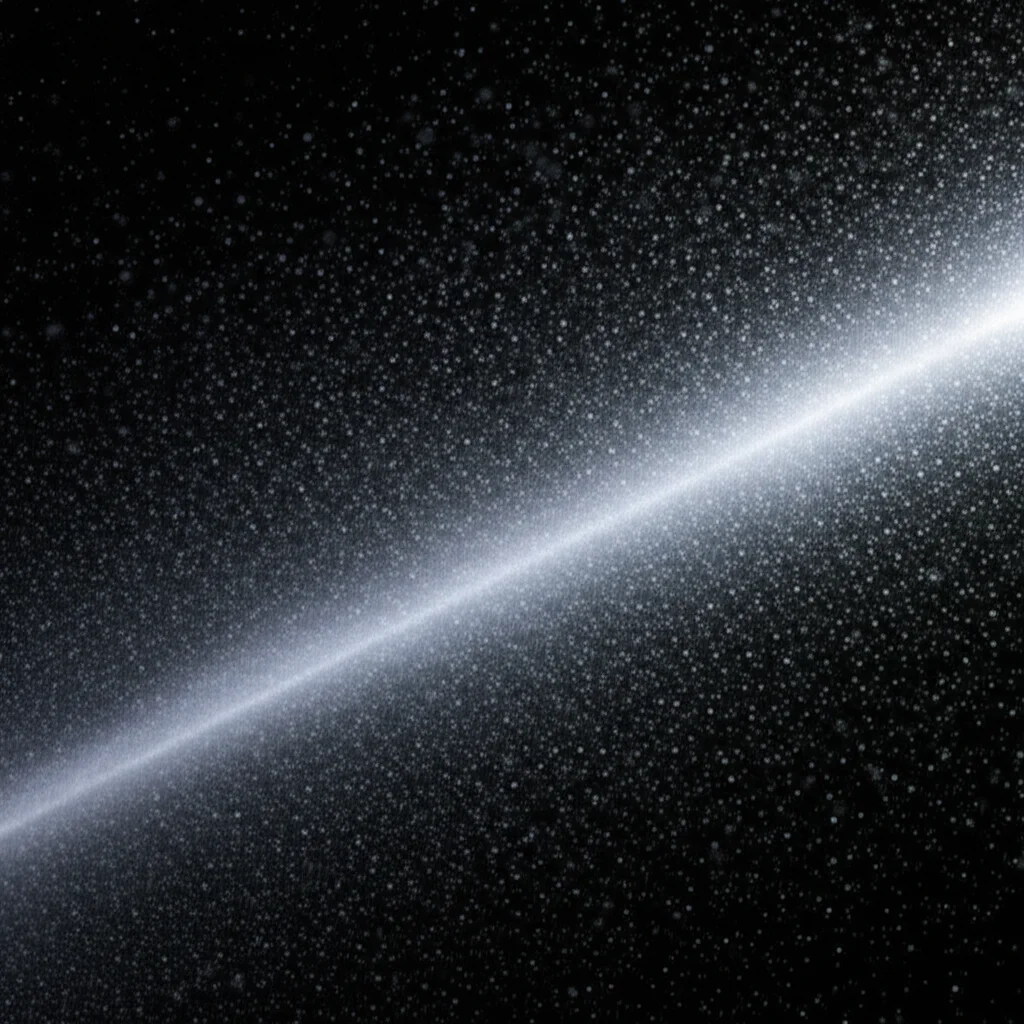 Fotografia macro di particelle di PM2.5 sospese nell'aria, illuminate da un raggio di luce, obiettivo macro 100mm, alta definizione, illuminazione controllata per evidenziare la polvere.