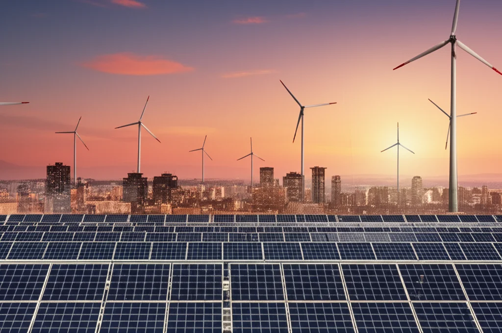 Skyline di una città moderna con turbine eoliche e pannelli solari visibili, simbolo di energia pulita, obiettivo grandangolare 24mm, colori vividi, al tramonto per un effetto suggestivo.