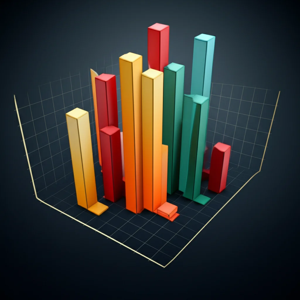Visualizzazione 3D di una matrice di confusione con barre colorate che emergono da una griglia, simboleggiando i dati di classificazione. Alcune barre sono alte (corrette) altre più basse (errate). Illuminazione da studio, high detail, 60mm macro lens, sfondo scuro per far risaltare i colori.
