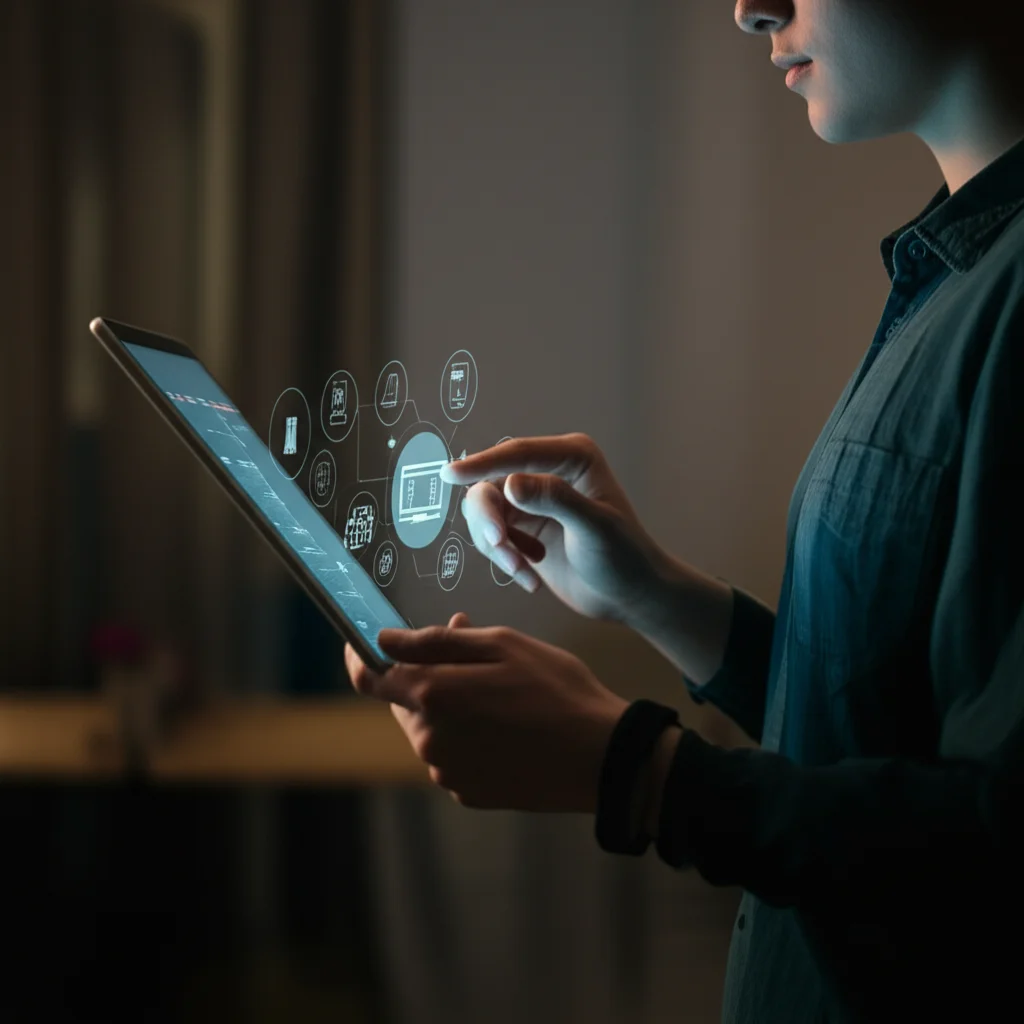 Uno studente che interagisce con un tablet olografico che mostra percorsi di apprendimento personalizzati e icone di materiali didattici classificati intelligentemente. Prime lens, 35mm, depth of field, illuminazione ambientale calda, stile cinematografico.