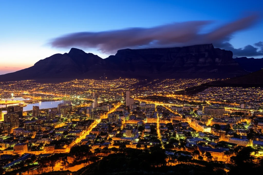 Fotografia di un panorama urbano di Città del Capo al tramonto, con Table Mountain sullo sfondo, utilizzando un obiettivo grandangolare da 15mm per catturare l'ampiezza della città, lunga esposizione per nuvole soffici e luci della città che iniziano ad accendersi, mettendo in evidenza il contesto dello studio sull'ipertensione.
