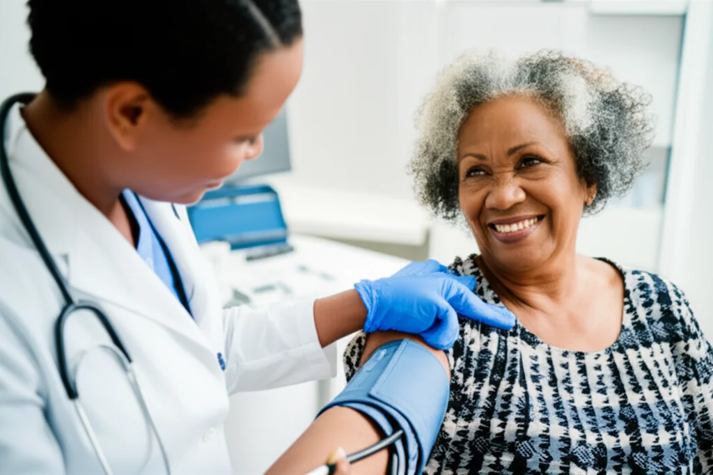 Ritratto fotografico di una donna di mezza età, residente a Città del Capo, che sorride con fiducia mentre un operatore sanitario le misura la pressione in un contesto di clinica comunitaria luminosa e accogliente. Obiettivo da 35mm, profondità di campo per sfocare leggermente lo sfondo, toni caldi e naturali.