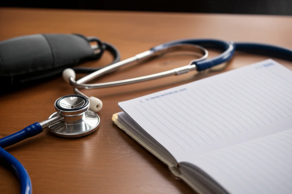 Fotografia di dettaglio, stile still life, di uno sfigmomanometro e uno stetoscopio appoggiati su un tavolo di legno grezzo, accanto a un quaderno di appunti aperto, illuminazione controllata per evidenziare le texture. Obiettivo macro da 90mm, alta definizione dei dettagli, a simboleggiare gli strumenti della diagnosi e le sfide nell'accesso alle cure.
