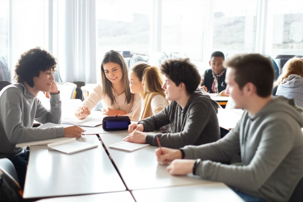 Fotografia di un'aula scolastica luminosa, vista da una prospettiva leggermente angolata. Al centro, un'insegnante sorridente interagisce con un piccolo gruppo di studenti adolescenti seduti ai loro banchi, che sembrano attenti e coinvolti. Alcuni studenti sullo sfondo lavorano individualmente. Obiettivo prime 35mm per un look naturale, profondità di campo media per mantenere a fuoco sia l'insegnante che gli studenti in primo piano, luce naturale da ampie finestre. L'immagine deve trasmettere un senso di interazione positiva e apprendimento collaborativo.