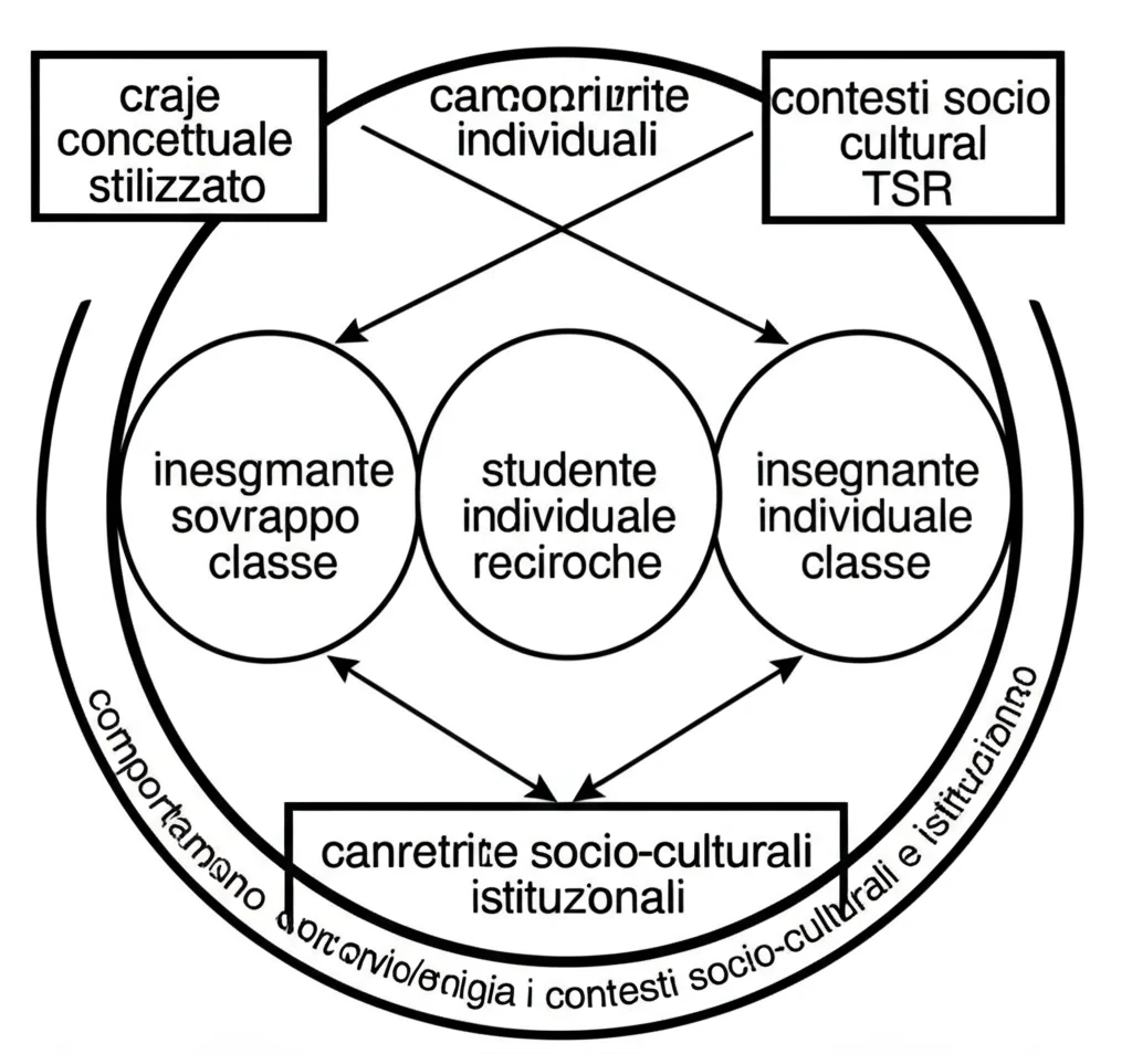 Diagramma concettuale stilizzato che rappresenta il nuovo modello TSR. Tre cerchi parzialmente sovrapposti (insegnante, studente individuale, classe) al centro, con frecce che indicano interazioni e influenze reciproche. Intorno, box che rappresentano caratteristiche individuali e comportamenti. Il tutto è racchiuso in un cerchio più grande che simboleggia i contesti socio-culturali e istituzionali. Utilizzare uno stile grafico pulito e moderno, con colori distinti per ogni elemento. L'immagine deve essere chiara e autoesplicativa, come un'infografica scientifica. Obiettivo macro 100mm per dettagli nitidi del diagramma, illuminazione uniforme.