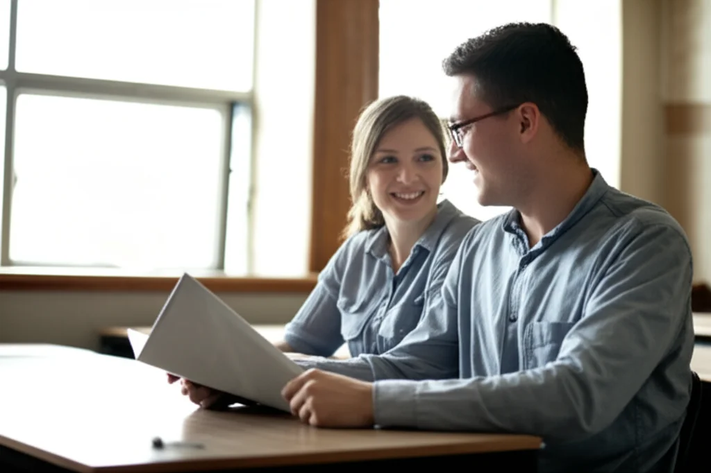 Un insegnante e uno studente seduti uno di fronte all'altro a una scrivania in un'aula tranquilla, entrambi sorridenti e impegnati in una conversazione costruttiva. Lo studente tiene un libro aperto. La luce entra da una finestra laterale, creando un'atmosfera calda. Obiettivo prime 50mm, profondità di campo ridotta per mettere a fuoco i soggetti e sfocare leggermente lo sfondo, per enfatizzare la connessione diadica. L'immagine deve trasmettere fiducia e supporto.