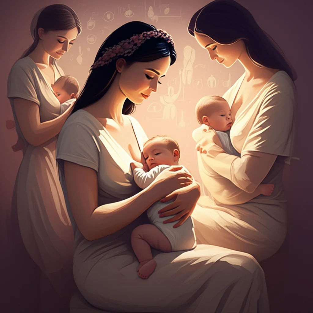 Una composizione artistica che mostra diverse donne di varie etnie che allattano al seno i loro bambini, con sullo sfondo grafici stilizzati che indicano la riduzione del rischio di cancro. Macro lens, 60mm, high detail, controlled lighting, colori pastello per un'atmosfera delicata e di speranza.