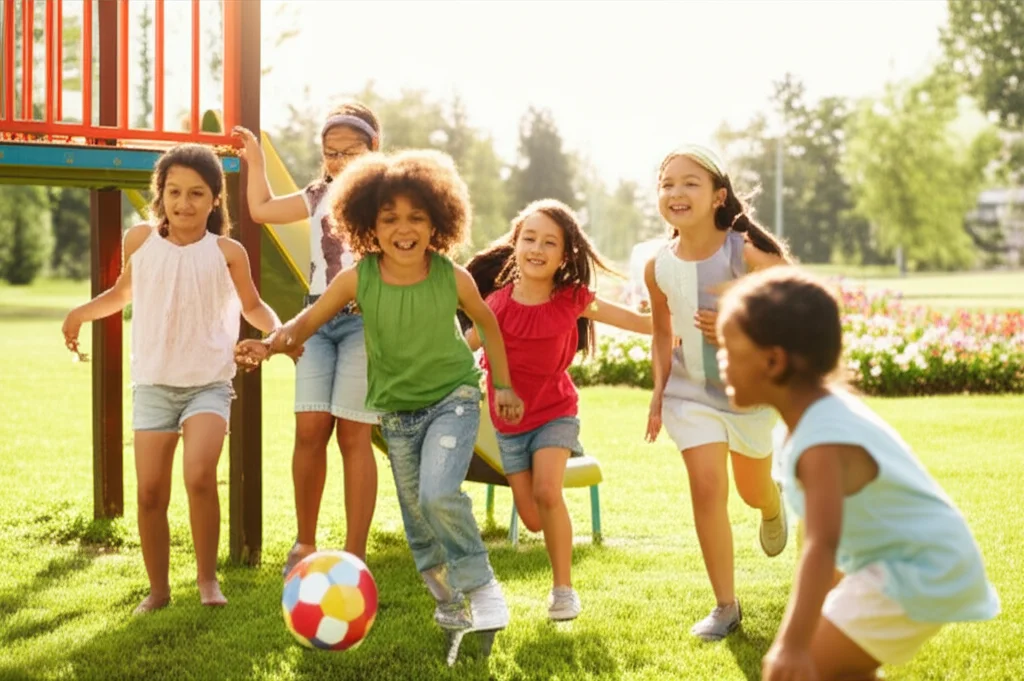 Un gruppo di bambini di diverse etnie che giocano insieme felicemente in un parco soleggiato, simboleggiando il supporto sociale e la comunità. Obiettivo zoom 24-35mm, luce naturale vibrante, effetto leggermente mosso per catturare il dinamismo del gioco.
