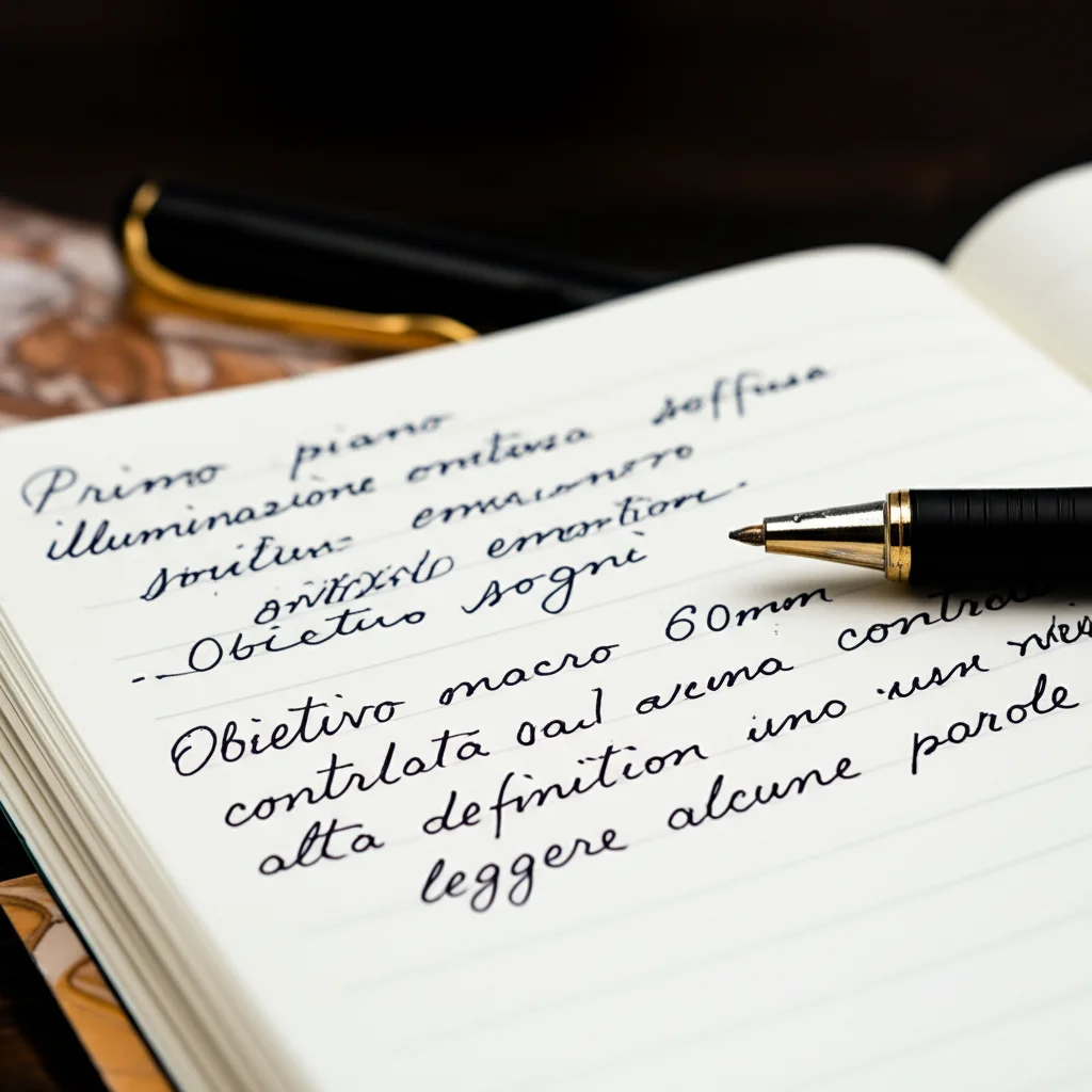 Primo piano di un diario aperto con una penna, con parole scritte a mano che esprimono emozioni e sogni. Obiettivo macro 60mm, illuminazione soffusa e controllata per creare un'atmosfera intima, alta definizione per leggere alcune parole.