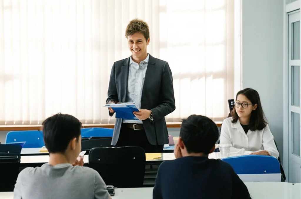 Fotografia di un'aula scolastica luminosa e accogliente, con un insegnante che sorride e interagisce positivamente con una studentessa. Obiettivo zoom 35mm, luce naturale dalle finestre, profondità di campo per mettere a fuoco l'interazione.