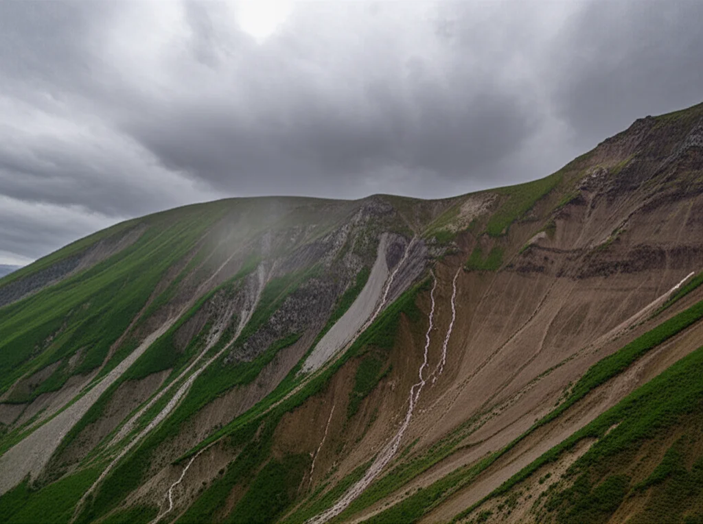 Fotografia aerea di un paesaggio montano scosceso durante un forte temporale, con evidenti canali di scorrimento dell'acqua e piccole frane superficiali. Obiettivo grandangolare 10-24mm, lunga esposizione per rendere l'acqua fluida, messa a fuoco nitida sul terreno, cielo nuvoloso e drammatico.