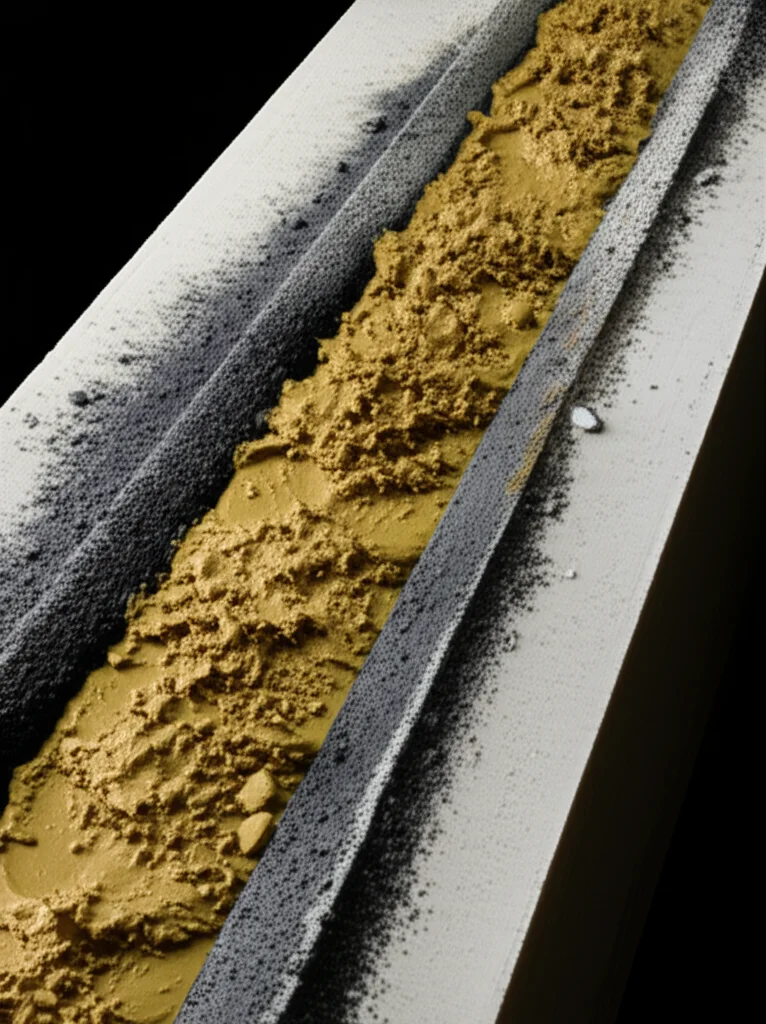 Simulazione 3D che mostra la propagazione di una colata detritica mista ad acqua lungo un canale montano, con colori diversi a indicare la concentrazione di solidi. Macro lens, 60mm, alta definizione dei dettagli del flusso, illuminazione controllata per evidenziare le texture.