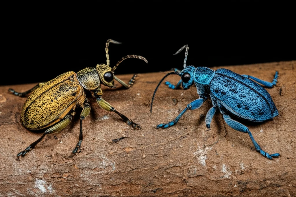 Due gruppi di insetti della stessa specie, uno su un substrato roccioso e arido (rosso) e l'altro su un substrato verde e umido (blu), che mostrano differenze di colore e dimensione. Macro lens, 60mm, high detail, precise focusing, controlled lighting, a simboleggiare la selezione divergente in ambienti diversi.