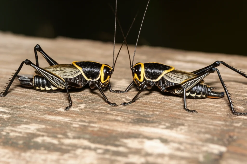 Un primo piano di due grilli della stessa specie, uno nutrito con una dieta A e l'altro con una dieta B, che mostrano sottili differenze nella dimensione corporea e nel pattern di canto, con uno dei due che rifiuta l'altro. Macro lens, 100mm, high detail, precise focusing, per illustrare la plasticità fenotipica che influenza la scelta del partner.