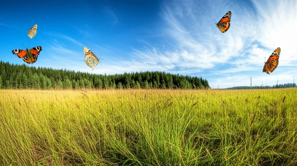 Un paesaggio che mostra due habitat distinti adiacenti, come una foresta e una prateria, con popolazioni della stessa specie di farfalla che mostrano adattamenti diversi in ciascun habitat, suggerendo l'inizio della speciazione. Landscape wide angle, 15mm, sharp focus, long exposure per nuvole soffici.