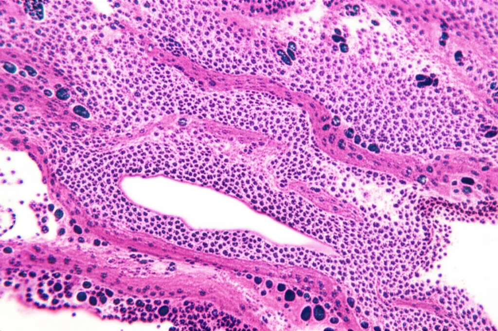 Fotografia macro di tessuto di milza di pesce gatto africano ingrandito, che mostra aggregati linfoidi e centri melanomacrofagici, illuminazione da laboratorio precisa, obiettivo macro 105mm, alta definizione dei dettagli cellulari.