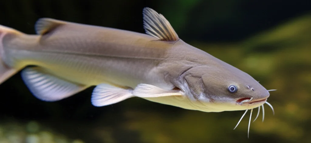 Un pesce gatto africano (Clarias gariepinus) sano e vivace che nuota in un acquario con acqua limpida, teleobiettivo zoom 100mm, fast shutter speed per congelare il movimento, illuminazione che simula l'ambiente acquatico naturale, messa a fuoco precisa sull'occhio del pesce.
