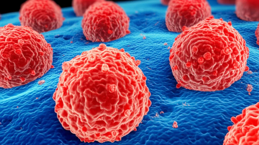 Visualizzazione 3D di cellule tumorali polmonari, alcune con alta espressione di PD-L1 (colorate in rosso) e altre con bassa espressione (blu), macro lens, 60mm, illuminazione da studio per evidenziare le texture cellulari e i recettori sulla membrana, alta definizione.