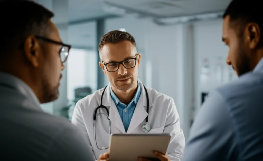 Un medico oncologo che discute i risultati di un test genetico con un paziente in uno studio medico moderno e luminoso, prime lens, 35mm, espressioni concentrate ma speranzose, profondità di campo per sfocare leggermente lo sfondo e mantenere il focus sui soggetti. L'immagine trasmette un senso di collaborazione e speranza.