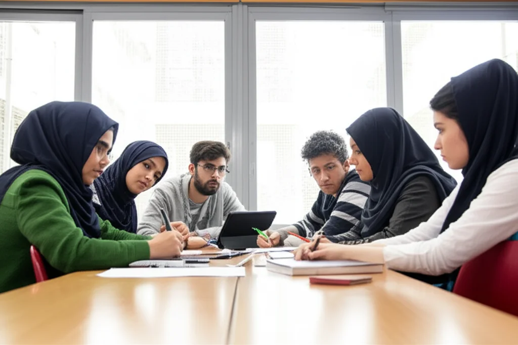 Un gruppo eterogeneo di studenti di infermieristica, alcuni con hijab altri no, collaborano attorno a un tavolo in una moderna aula universitaria iraniana, discutendo animatamente su appunti e tablet. Luce naturale entra da ampie finestre. Obiettivo da 35mm, profondità di campo per mettere a fuoco il gruppo centrale, con un'atmosfera di studio intenso e collaborativo.