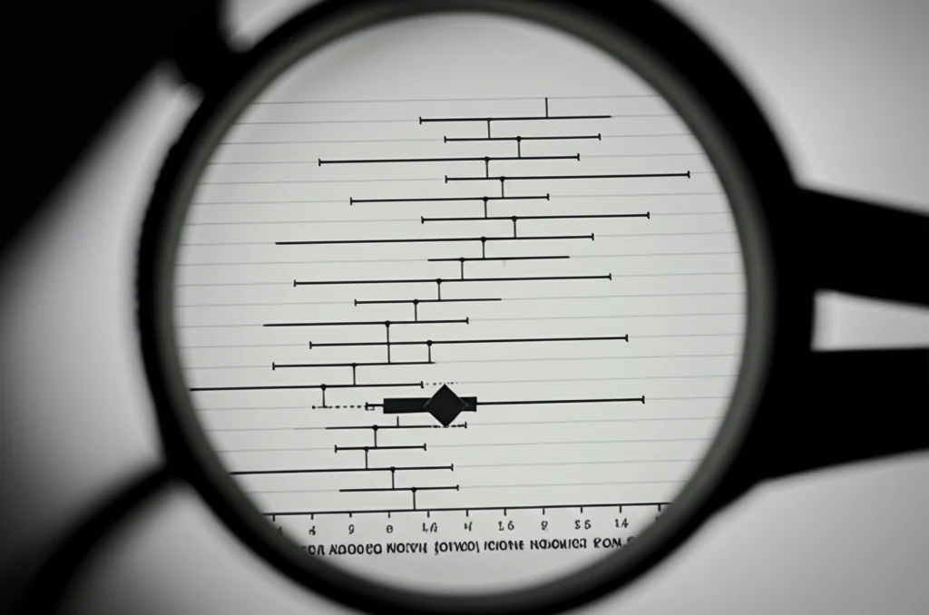 Un grafico a forest plot stilizzato che mostra diversi studi con i loro hazard ratio e intervalli di confidenza, con un diamante finale che indica l'effetto combinato vicino a 1.0, simboleggiando l'assenza di impatto significativo. Macro lens, 60mm, high detail, controlled lighting, colori neutri con un accento per il diamante.