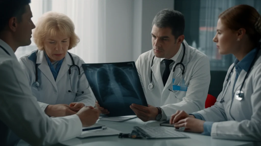Un team multidisciplinare di medici (oncologo, chirurgo, radioterapista) discute attorno a un tavolo con referti e immagini diagnostiche di un caso di cancro al polmone. Atmosfera di collaborazione e concentrazione. Prime lens, 35mm, depth of field, luce naturale da una finestra.