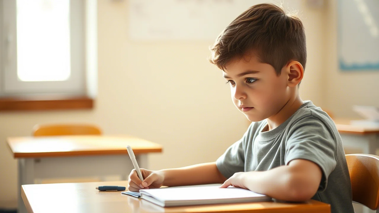 Un bambino di circa 7 anni, maschio, è seduto a un banco di scuola e sembra concentrato su un quaderno. La luce entra da una finestra vicina, illuminando dolcemente la scena. L'immagine è scattata con un prime lens da 35mm, con una leggera profondità di campo per mettere a fuoco il bambino e sfocare leggermente lo sfondo. I colori sono naturali e caldi, suggerendo un ambiente di apprendimento positivo.