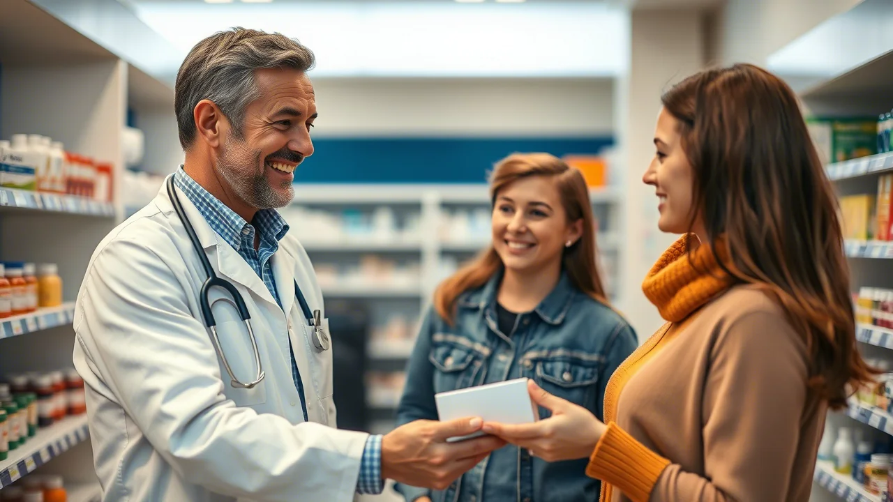 Un farmacista sorridente consegna una confezione di farmaci a una madre con il suo bambino adolescente in una farmacia moderna e ben illuminata. L'immagine è un ritratto con prime lens da 50mm, con colori caldi e accoglienti, e una profondità di campo che mette a fuoco i soggetti principali.