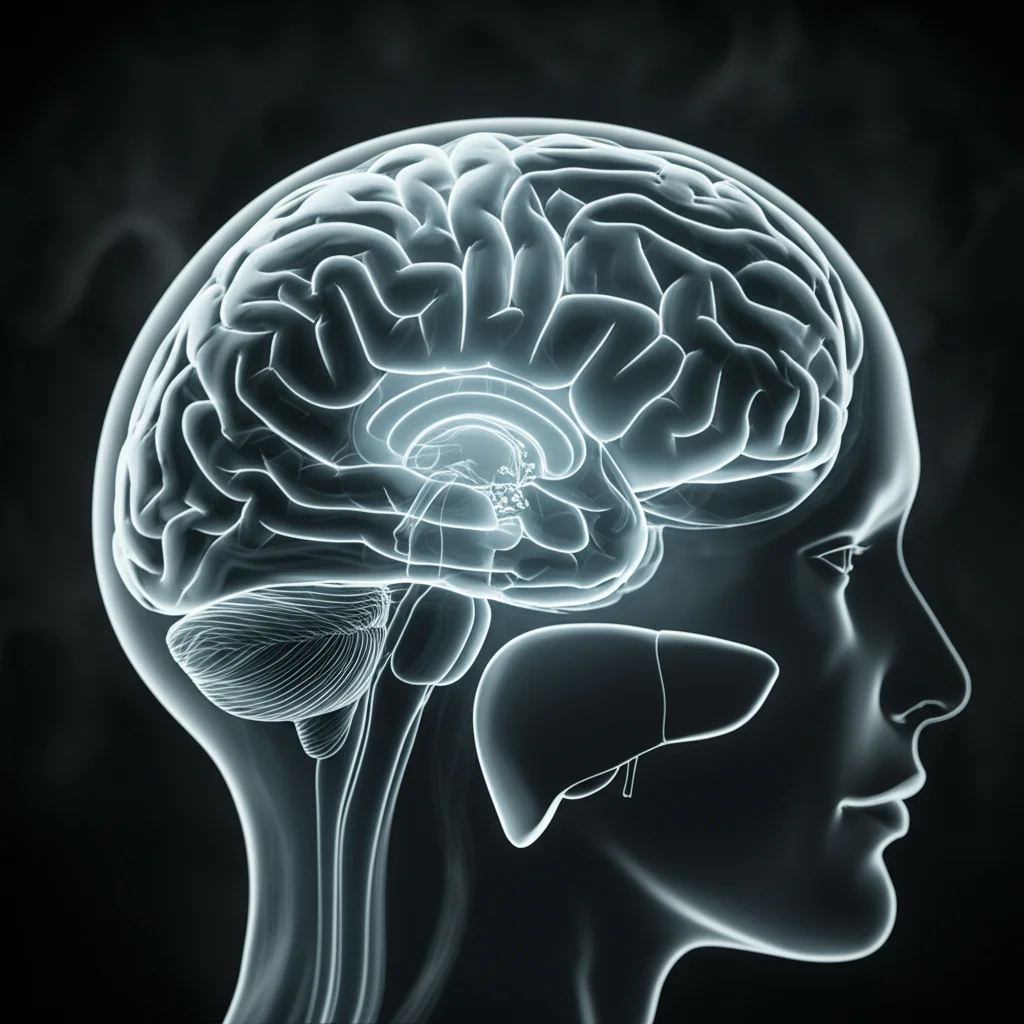 Un'immagine concettuale che illustra la complessa interazione tra cervello, simboleggiante la salute mentale e la depressione, e fegato, simbolo della salute fisica. Percorsi luminosi e oscuri li collegano, con un leggero effetto 'depth of field' per mettere a fuoco l'interconnessione. Obiettivo prime 35mm, bianco e nero.