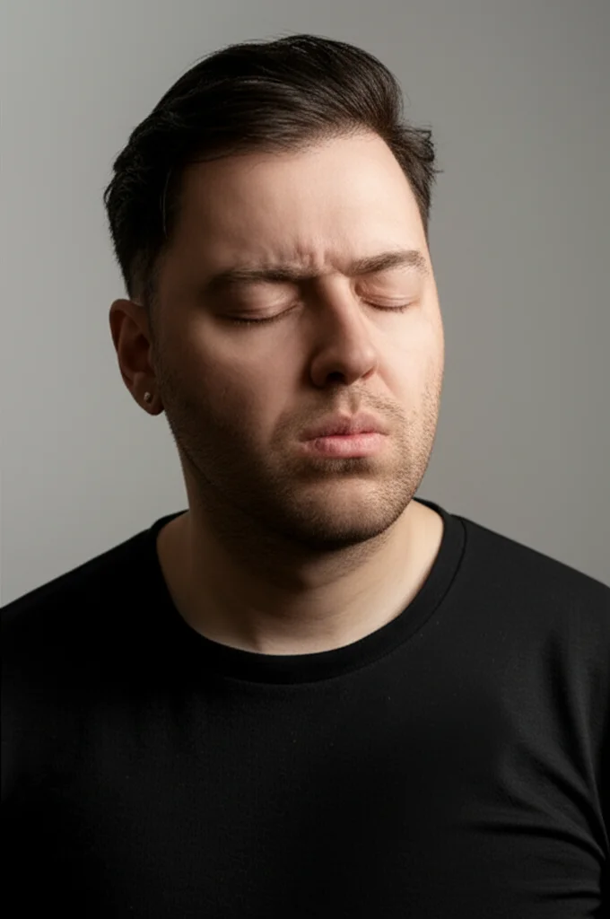 A person experiencing discomfort, 35mm portrait, depth of field.