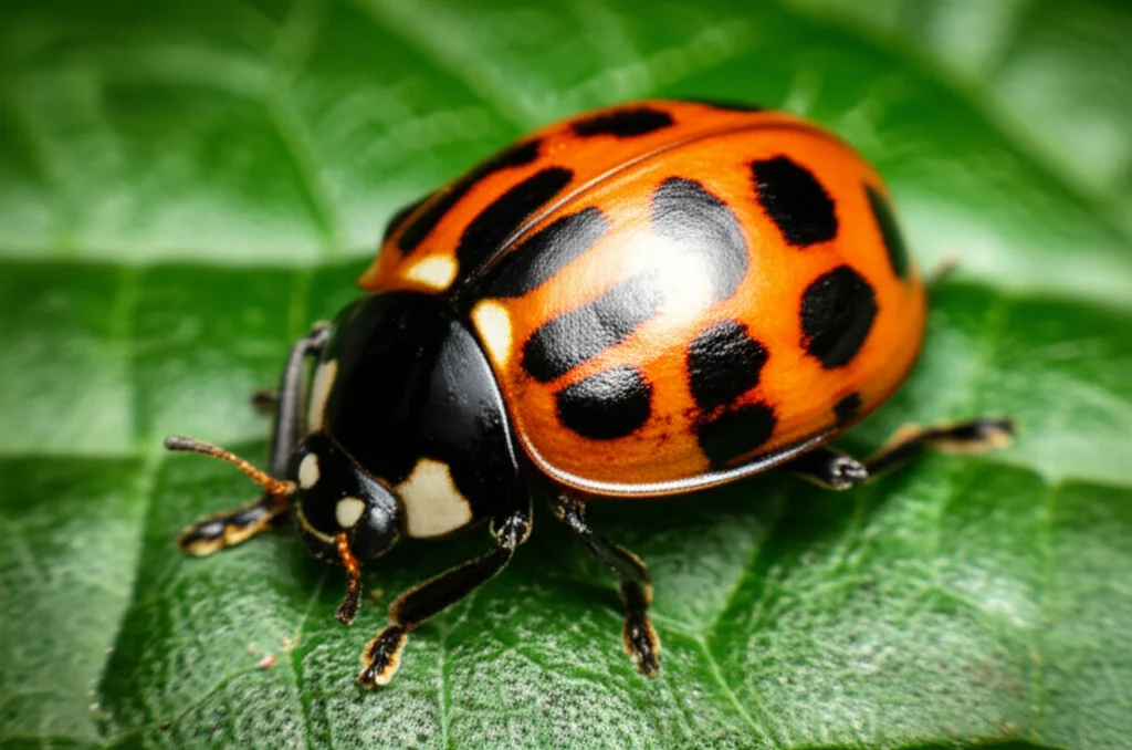 Fotografia macro ad altissima definizione di una coccinella Cheilomenes sexmaculata posata su una foglia, con dettagli nitidi del pattern a zigzag sulle elitre, illuminazione da studio controllata, obiettivo macro 105mm, sfondo leggermente sfocato.