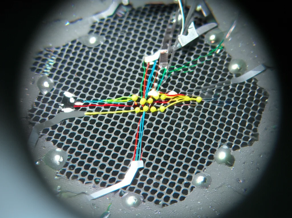 Fotografia macro ad altissima risoluzione di un dispositivo sperimentale di grafene su un substrato, con elettrodi e un superconduttore. L'illuminazione laterale accentua la texture del grafene e i difetti lineari periodici (LDGSL). Si vedono schematizzazioni di elettroni (come sfere luminose di diversi colori per rappresentare le valley K e K') che interagiscono all'interfaccia, alcuni subiscono la riflessione di Andreev incrociata. Obiettivo macro 90mm, illuminazione da studio controllata, messa a fuoco precisa sulla giunzione, profondità di campo per un effetto tridimensionale.