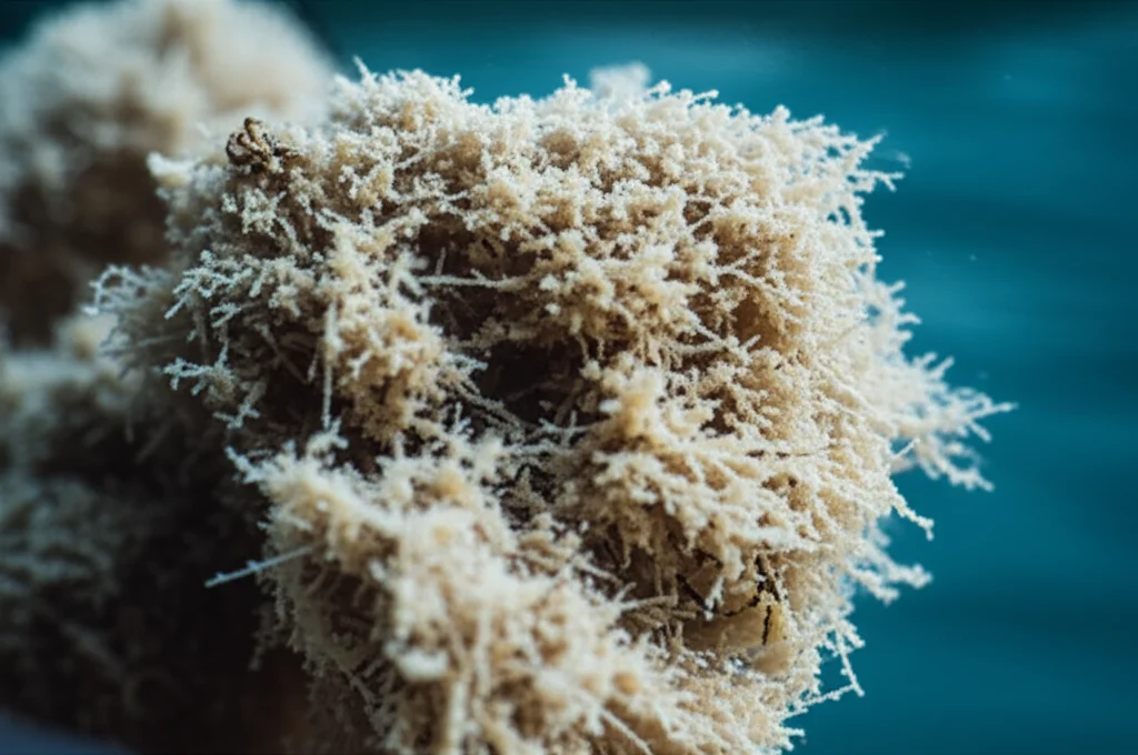 Fotografia macro di un aggregato di neve marina illuminato controluce, obiettivo macro 90mm, alta definizione dei detriti organici e dei microrganismi adesi, con un leggero effetto bokeh sullo sfondo acquatico scuro.