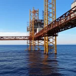Grande angolo da 10 mm lenti da 10 mm, drammatico scatto di una grande piattaforma OTEC al tramonto in un vasto oceano tropicale, una lunga esposizione che crea acqua liscia e nuvole striate, che simboleggiano la speranza e la potente energia rinnovabile. La piattaforma mostra sottili segni di assunzione di acqua calda vicino alla superficie e tubi di acqua fredda profonda che si estendono verso il basso.