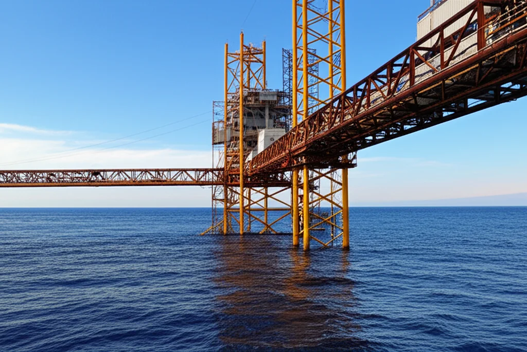 Grande angolo da 10 mm lenti da 10 mm, drammatico scatto di una grande piattaforma OTEC al tramonto in un vasto oceano tropicale, una lunga esposizione che crea acqua liscia e nuvole striate, che simboleggiano la speranza e la potente energia rinnovabile. La piattaforma mostra sottili segni di assunzione di acqua calda vicino alla superficie e tubi di acqua fredda profonda che si estendono verso il basso.