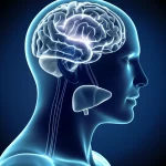 Illustrazione fotorealistica di un cervello stilizzato e un fegato interconnessi da filamenti luminosi su sfondo scuro, a simboleggiare il legame tra sintomi depressivi e malattie epatiche. Obiettivo prime 35mm, effetto duotone blu e grigio, profondità di campo.