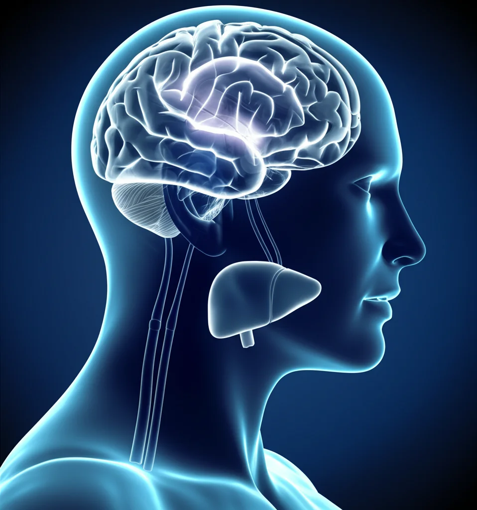 Illustrazione fotorealistica di un cervello stilizzato e un fegato interconnessi da filamenti luminosi su sfondo scuro, a simboleggiare il legame tra sintomi depressivi e malattie epatiche. Obiettivo prime 35mm, effetto duotone blu e grigio, profondità di campo.