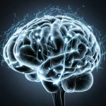 Immagine concettuale astratta del cervello umano con reti neurali luminose che si diramano, simboleggiando i percorsi regolatori del medulloblastoma. Prime lens, 35mm, duotone blu e grigio scuro, depth of field, per un'atmosfera scientifica e profonda.