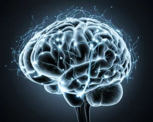 Immagine concettuale astratta del cervello umano con reti neurali luminose che si diramano, simboleggiando i percorsi regolatori del medulloblastoma. Prime lens, 35mm, duotone blu e grigio scuro, depth of field, per un'atmosfera scientifica e profonda.