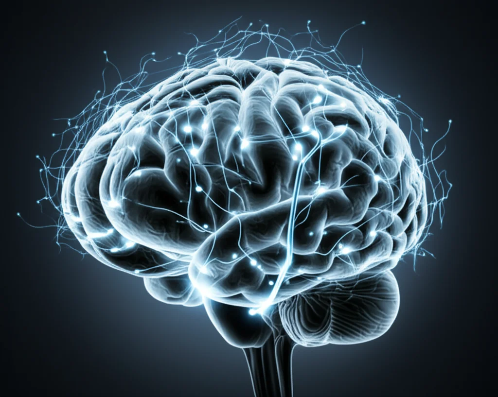 Immagine concettuale astratta del cervello umano con reti neurali luminose che si diramano, simboleggiando i percorsi regolatori del medulloblastoma. Prime lens, 35mm, duotone blu e grigio scuro, depth of field, per un'atmosfera scientifica e profonda.