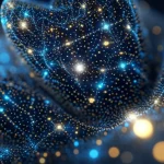 Immagine concettuale astratta di una varietà tridimensionale complessa con punti luminosi che rappresentano sottovarietà speciali, obiettivo prime 35mm, profondità di campo, toni blu e oro duotone, simboleggiando la scoperta matematica nel campo delle cubiche tridimensionali.