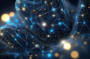 Immagine concettuale astratta di una varietà tridimensionale complessa con punti luminosi che rappresentano sottovarietà speciali, obiettivo prime 35mm, profondità di campo, toni blu e oro duotone, simboleggiando la scoperta matematica nel campo delle cubiche tridimensionali.