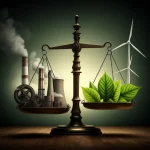 Immagine concettuale che mostra una bilancia: da un lato ingranaggi industriali e ciminiere fumanti, dall'altro turbine eoliche e foglie verdi brillanti. La bilancia pende leggermente verso il lato verde, simboleggiando la speranza nell'innovazione. Illuminazione drammatica, profondità di campo, 35mm.