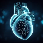 Immagine fotorealistica di un cuore umano digitale stilizzato, con linee di dati luminose e circuiti che lo attraversano e lo avvolgono, a simboleggiare l'analisi AI e la segmentazione precisa. Lente macro, 70mm, illuminazione controllata per evidenziare la texture del cuore e la brillantezza delle linee dati, sfondo scuro tecnologico con effetto bokeh, high detail.