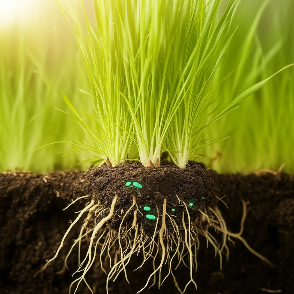 Immagine fotorealistica di una prateria rigogliosa con erba Leymus chinensis verde brillante. In primo piano, un dettaglio macro delle radici della pianta nel terreno, con piccoli batteri benefici (PGPR) luminescenti visibili attorno ad esse, suggerendo una simbiosi. Luce solare diffusa che illumina la scena. Obiettivo macro 90mm, alta definizione, illuminazione controllata, profondità di campo ridotta per mettere a fuoco radici e batteri.