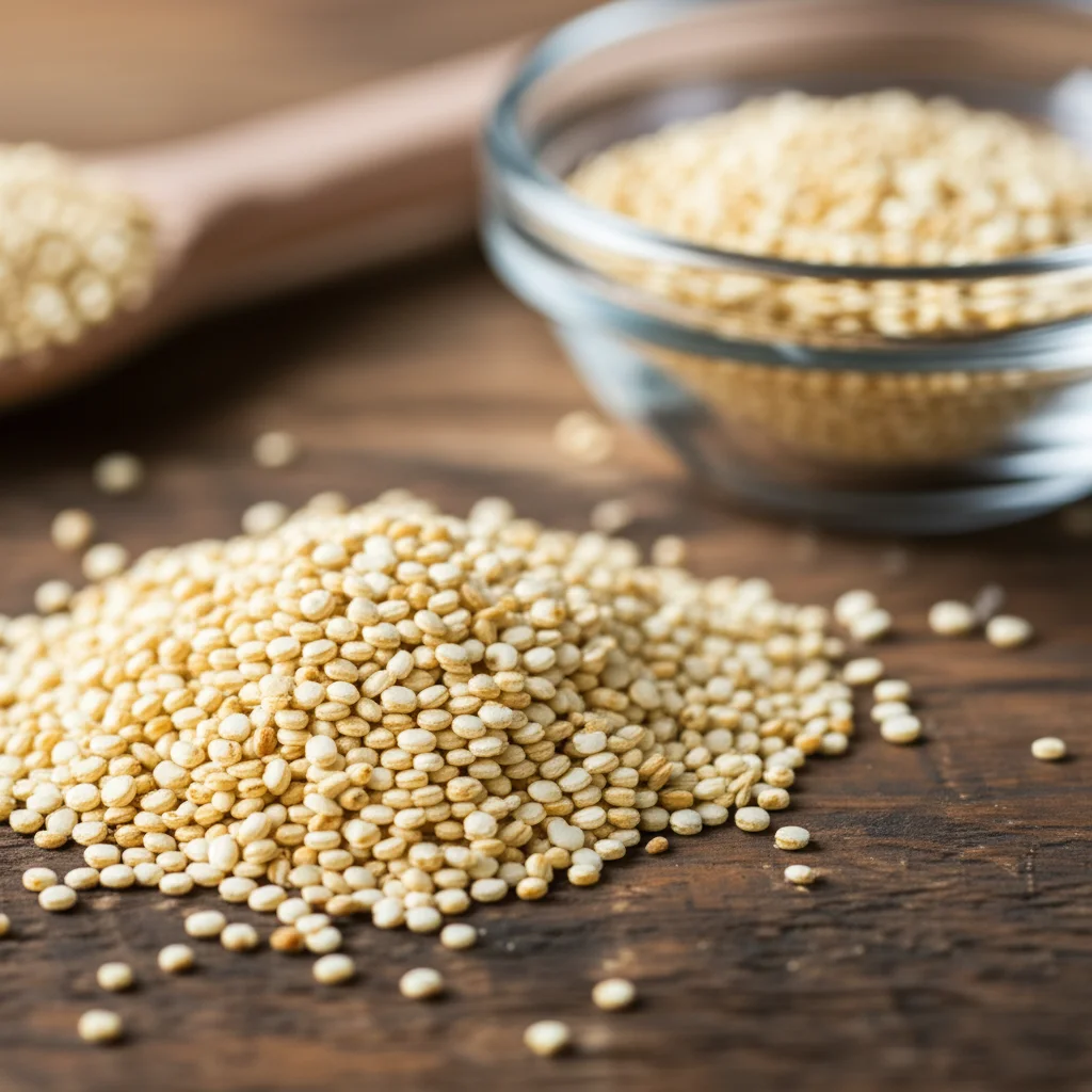 Immagine macro, 105mm, di chicchi di quinoa e polvere di proteine di quinoa su un tavolo di legno rustico, illuminazione da studio controllata che ne esalta la texture e i dettagli, con un accenno a un gel traslucido sullo sfondo.