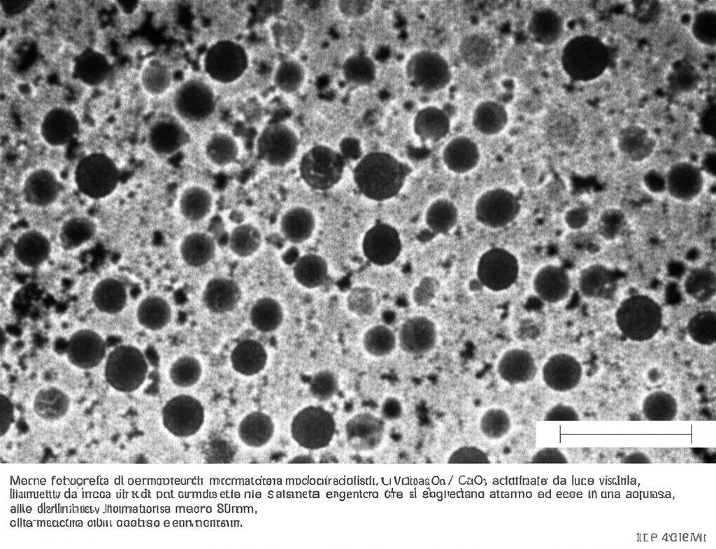 Macro fotografia di nanoparticelle magnetiche NiFe₂O₄/CeO₂ scintillanti, illuminate da luce visibile, con molecole di colorante organico che si degradano attorno ad esse in una soluzione acquosa, alta definizione, illuminazione controllata, obiettivo macro 60mm.