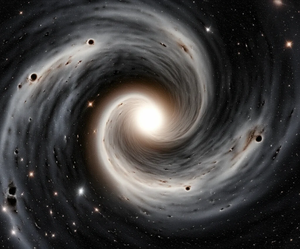 Photorealistic wide-angle image of the early universe with cosmic ripples and forming primordial black holes, 10mm lens, long exposure.